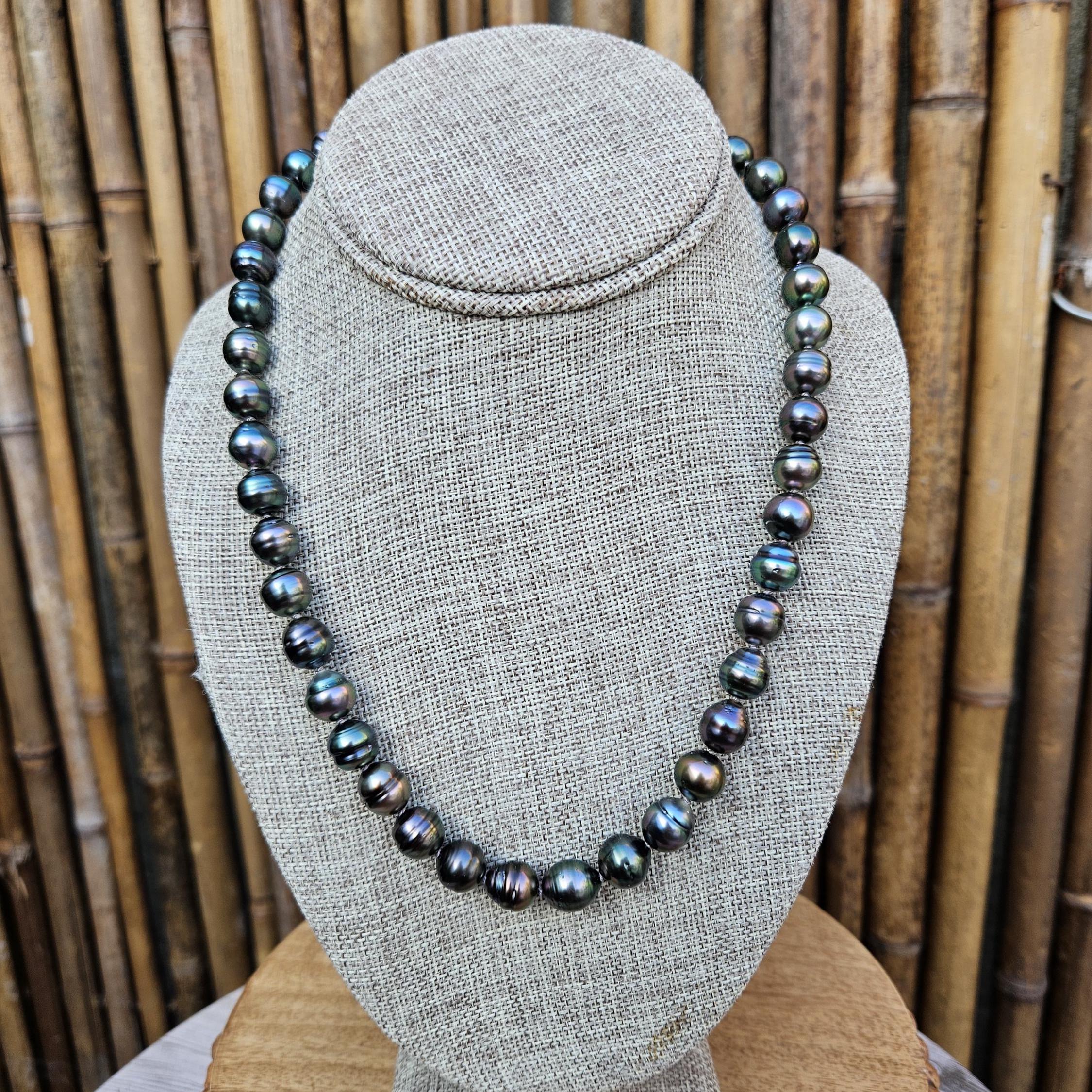 Tahitian Black Pearl Necklace: Hand-knotted Silk, Sterling Silver 