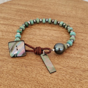 Boho Tahitian Pearl Bracelet: Turquoise, Gemstone & Leather Charm