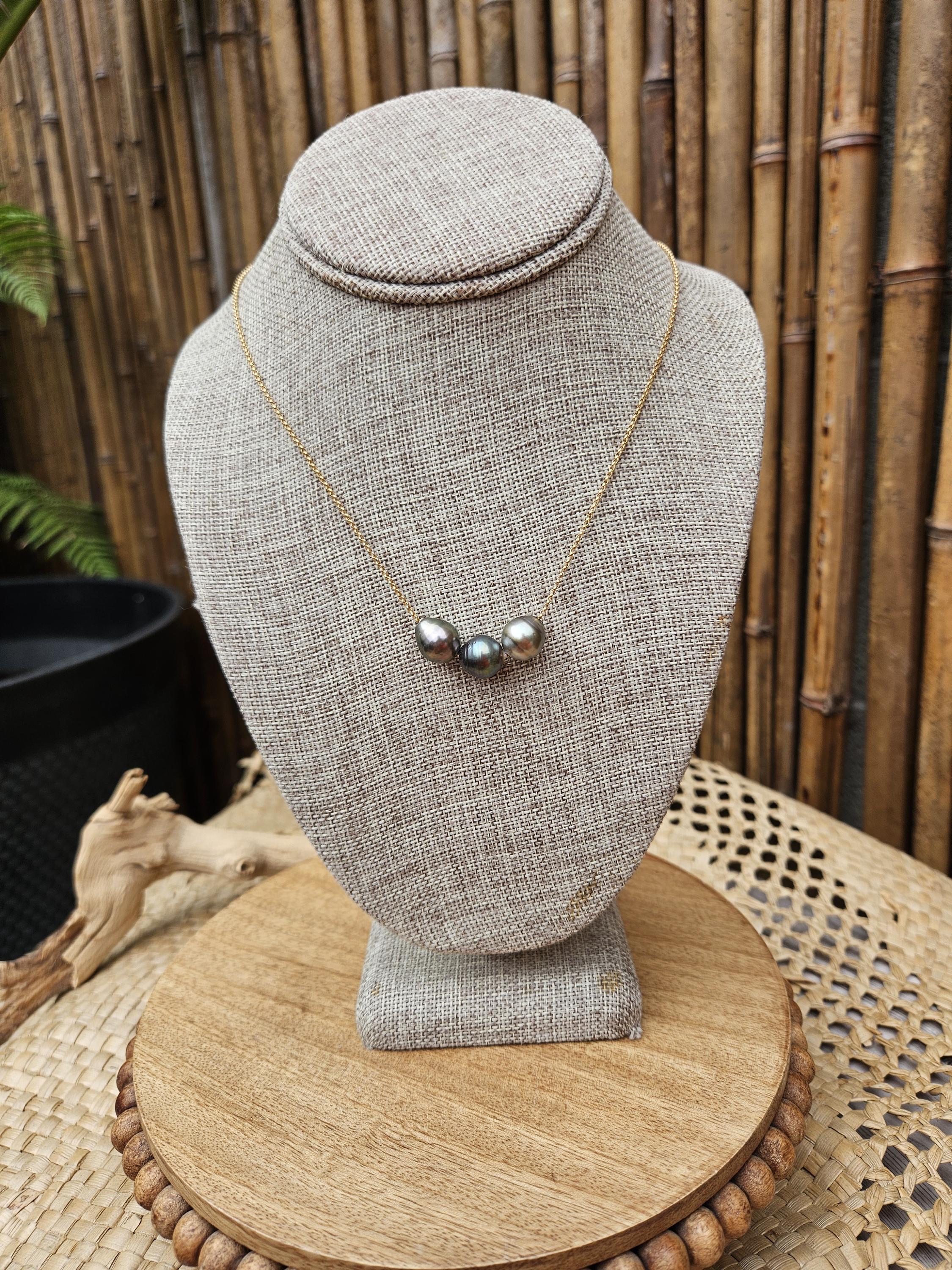 Floating Pendant Necklace with three Baroque Tahitian Black Pearls, Tahitian Black Pearl Necklace, Black Pearl Pendant.