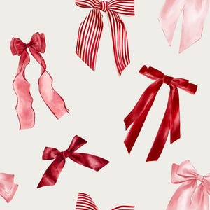 Könnte beinhalten: Ein nahtloses Muster mit verschiedenen Aquarell-Schleifen in Rot, Rosa und Weiß. Die Schleifen sind in einem sich wiederholenden Muster auf weißem Hintergrund angeordnet.