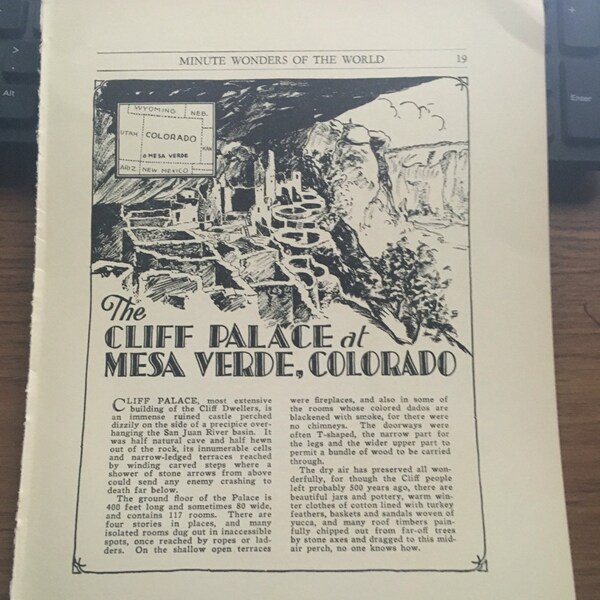 The Cliff Palace at Mesa Verde, Colorado 1933 book page art frameable print