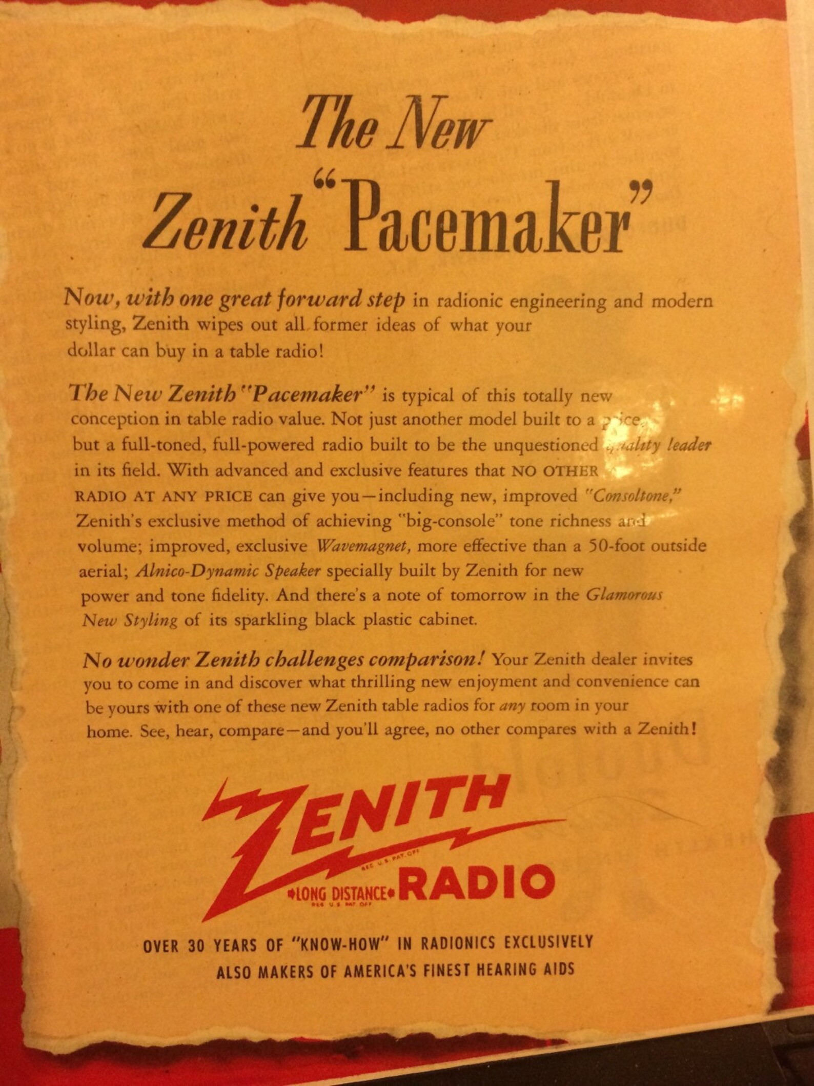 Zenith 1948 Ad for the Pacemaker, Tournament, and Zephyr Models Table ...