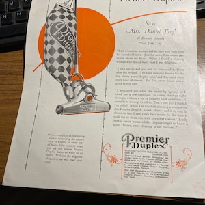 Vacuum cleaner Premier Duplex ad 20’s era 8 x 11