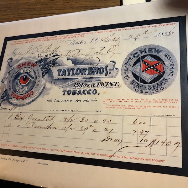 North Carolina/ South Carolina bill/receipt circa 1896 tobacco reproduction