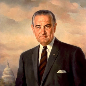 May include: A portrait painting of a man in a dark suit with a striped tie. The man is looking directly at the viewer. The background is a cloudy sky with a building in the distance.