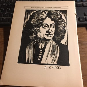 May include: A black and white woodcut illustration of a man with a long wig and a scarf. The text "MINUTE SKETCHES OF GREAT COMPOSERS" and "A. Corelli" are visible in the image.
