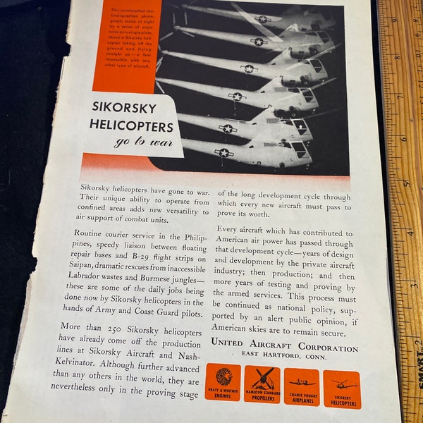 United Aircraft Corporation ad 1945 6 1/2 x 10 Sikorsky helicopters