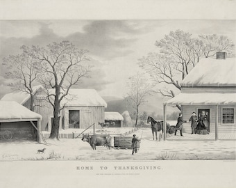 Home for Thanksgiving image reproduction print 8 1/2 x 11 image 8 x 10 Currier and Ives