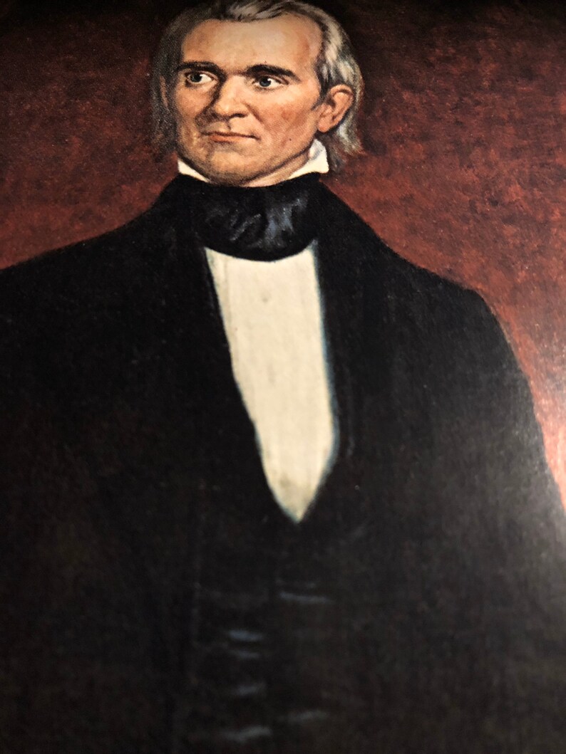 1965 original. James Polk President USA 7 x 10 portrait book page image