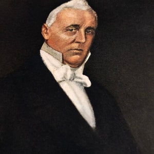 May include: A black and white portrait painting of a man wearing a white collared shirt and a black suit. The man has white hair and a serious expression.