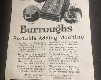 Burroughs portable adding machine  ad circa 1920s 9 x 6 advertisement original Detroit Michigan