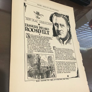 Franklin Delano Roosevelt the New Deal President. 7 x11 Great for framing for the collector. History. Classroom art. Book page