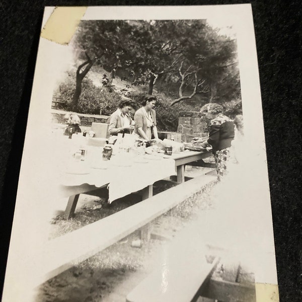 Family large picnic vintage photo 4 1/2 x 2 1/2. 1940’s