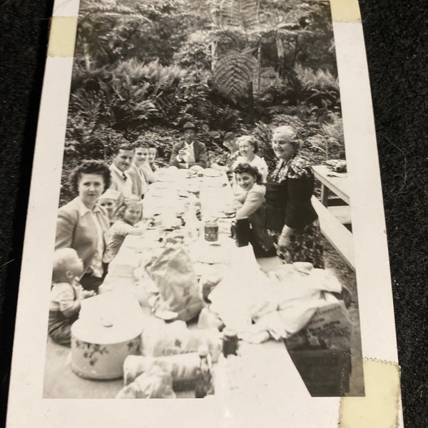 Family large picnic vintage photo 4 1/2 x 2 1/2. 1940’s