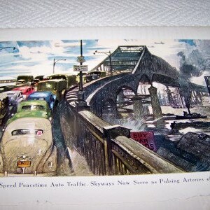 May include: A black and white illustration of a bridge with cars driving across it. The caption reads "Built to Speed Peacetime Auto Traffic. Skyways Now Serve as Pulsing Arteries of War Transport."