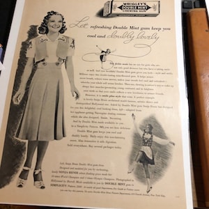Wrigley's double mint gum ad circa 1938 Sonja Henie Large color graphic 10 x 13 advertisement . Original