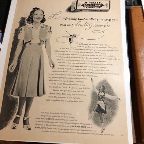 Wrigley's double mint gum ad circa 1938 Sonja Henie Large color graphic 10 x 13 advertisement . Original