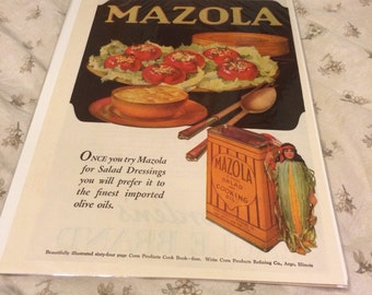 Mazola corn oil ad circa 1920 Large graphic print.