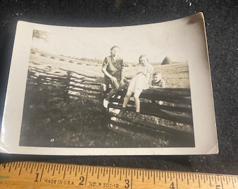 On the farm strateling the fence vintage photo 3 x 5