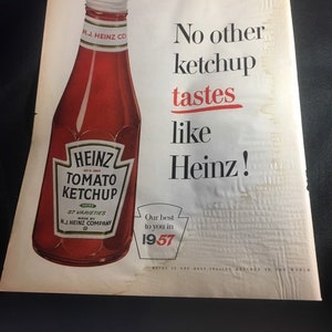 Heinz ketchup ad circa 1957 large original ad water damaged large 10 1/2 x 15
