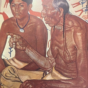 May include: A painting of two Native American people, one older and one younger, sitting together. The older person is pointing with their right hand. The younger person is wearing a necklace with a blue stone pendant. The background is a light brown color with red and blue geometric shapes.