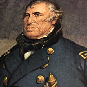 May include: A portrait painting of a man in a dark blue uniform with gold buttons. He has white hair and a serious expression.