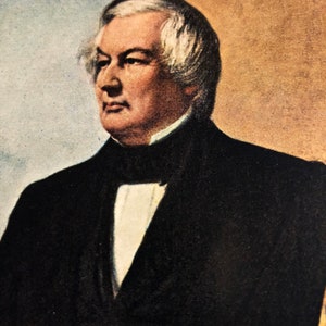 May include: A portrait of a man with white hair wearing a black suit with a white shirt and a black bow tie. The background is a light blue and yellow.