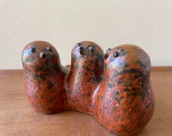 Vintage, Thomas Kakinuma, Tommy, Studio Pottery Orange Bird, Triplet, Ceramic Sculpture, Canadian, Canadiana, Collectible