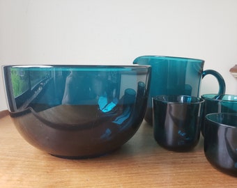 Rare: Vintage Kaj Franck Glass Serving Bowl by Nuutajarvi Finland, Teal Turquoise Blue, Scandinavian Danish Modern