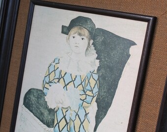 Vintage Pablo Picasso Print: "My Son Paulo as Harlequin", Portrait of a Boy, Mounted on Board, Original Vintage Frame