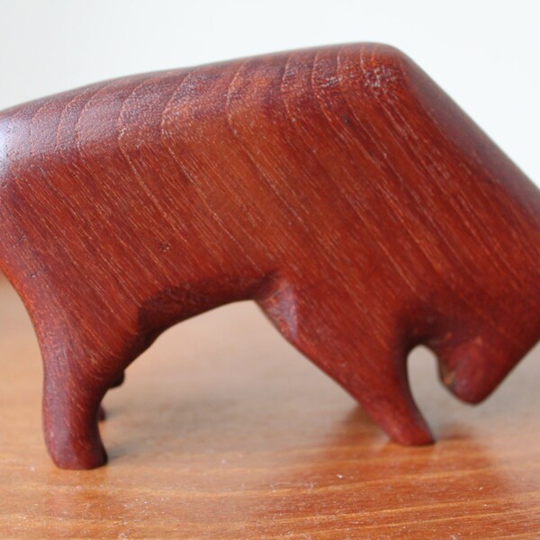 Reduced: Vintage Teak Bull, Animal Figurine, Leather, Style of Kay Bojesen, Hans Bolling, Danish Modern