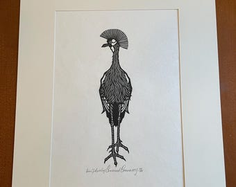 Jacques Hnizdovsky Hand Printed Original Woodcut print "Crowned Crane" 1975, Black & White Bird, with Certificate of Authenticity
