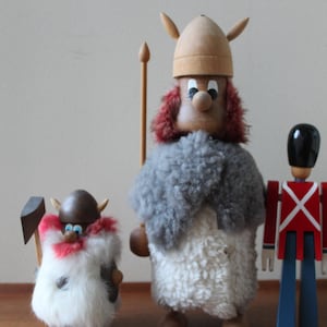 Vintage Wooden Viking Figurine Doll, Hans Bolling Style, 13&quot;, Extra Large Denmark, Scandinavian, Fur, Red Hair Beard, Danish Modern,
