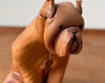 Vintage Deru Leather Dog Figurine, Boxer? Animal Figurine, Germany, Origami Sculpture, Collectible,