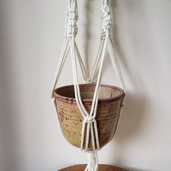 Vintage Studio Pottery Hanging Planter, Speckled Mustard + Nylon Macrame Plant Hanger, Bohemian Decor, Indoor Gardening, Mother's Day Gift