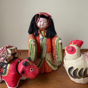 poupée Kimekomi japonaise vintage, papier mâché akabeko, figurine de coq à poupée mobile, décoration
