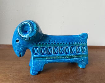 Bitossi Pottery Ram by Aldo Londi, Rimini Blue, Italy, Vintage Mid Century Modern Sculpture