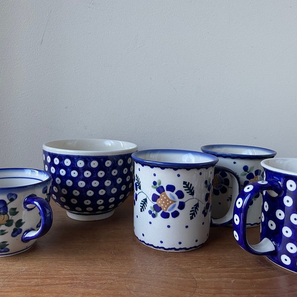 Vintage Polish Stoneware Boleslawiec, Poland, Various Mug Cup, Blue Pottery, Eastern Europe