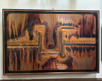 Bernhard Rohne, Etched Oxdized Abstract Metal Art 1975, 36" x 24" Large, Framed, Signed, Mid Century Modern