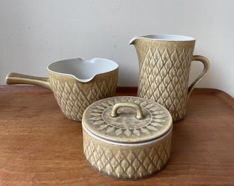 Vintage Jens Quistgaard Relief Gravy Bowl, Pitcher, Lidded Bowl, Kronjyden Nissen, Denmark, Danish Modern Stoneware