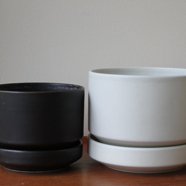 Arabia Finland Planter with Saucer by Richard Lindh, Matte Black, Matte White, Danish Modern, Scandinavian,