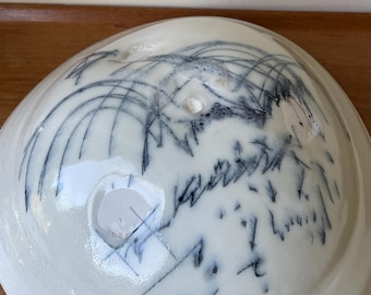 Japanese Studio Pottery, White Porcelain Serving Bowl by Masamichi Yoshikawa, Signed, Abstract Ceramic Art, Sculpture, Kintsugi on the edge