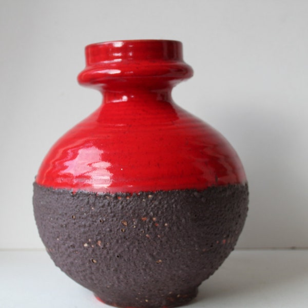 Reserved for E; Vintage, Large Fat Lava Pottery Vase, Red, Mid Century Modern