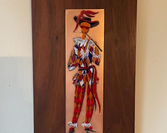 Vintage Wall Hanging Enamel Art on Board, Harlequin Jester, Attributed to Judith Daner, Mid Century Modern Abstract Art