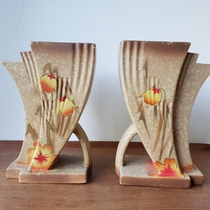 Vintage Art Deco Hand Painted Ceramic Vases, Pair, England, Possibly Antique