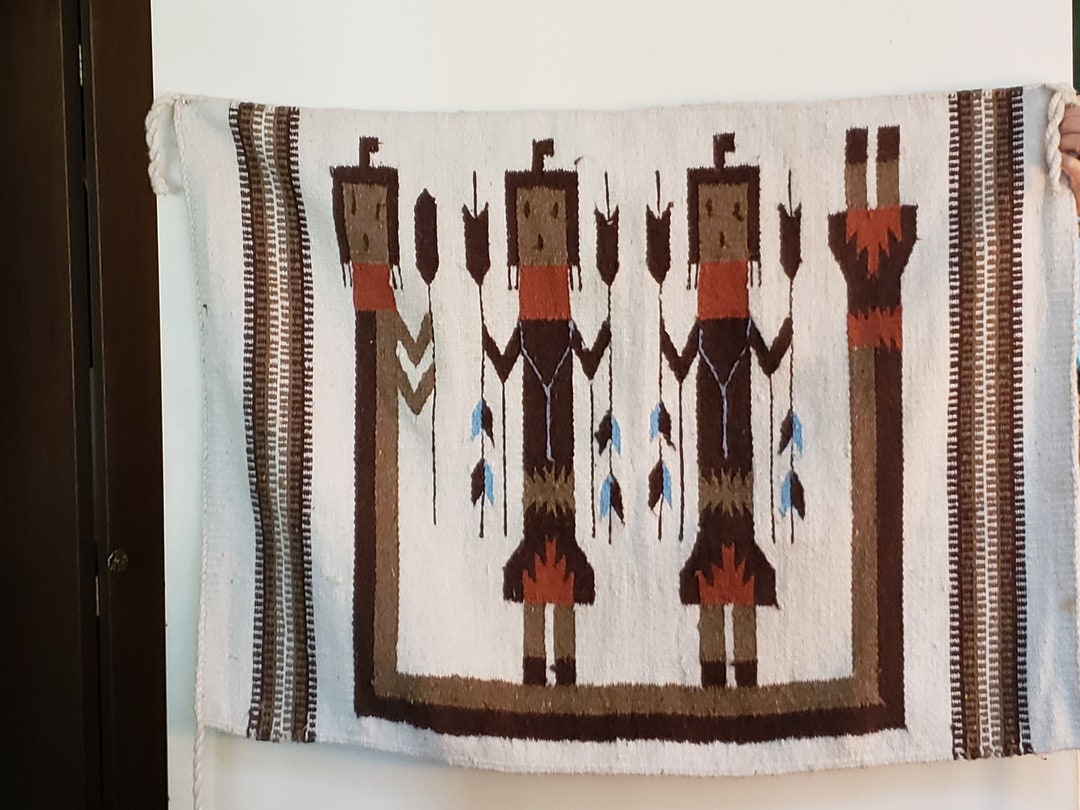 Vintage Hand Woven Navajo Yei Wall Hanging, Wool Tapestry, Native American Indian Folk Art, Boho ...