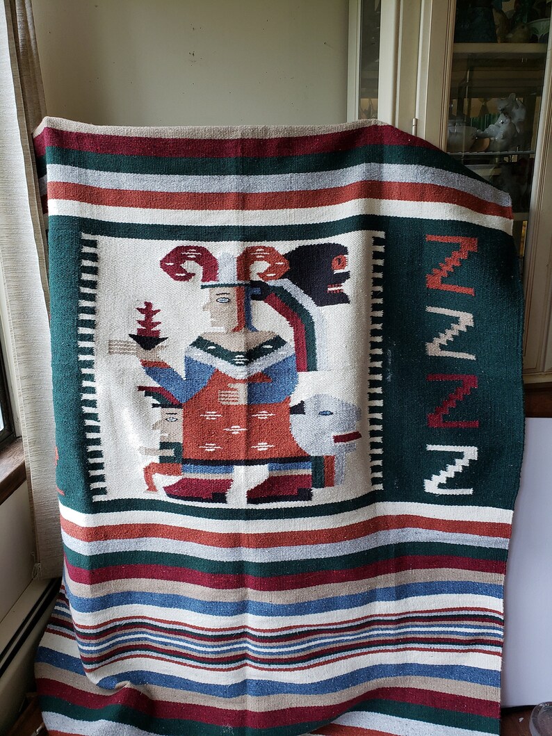 Vintage Mexican Handwoven Blanket Aztec Mayan Design Throw Etsy