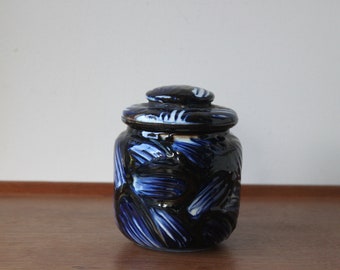 Vintage Herman Kahler Studio Pottery, Denmark, Lidded Jar, Signed, Dark Blue, Danish Modern