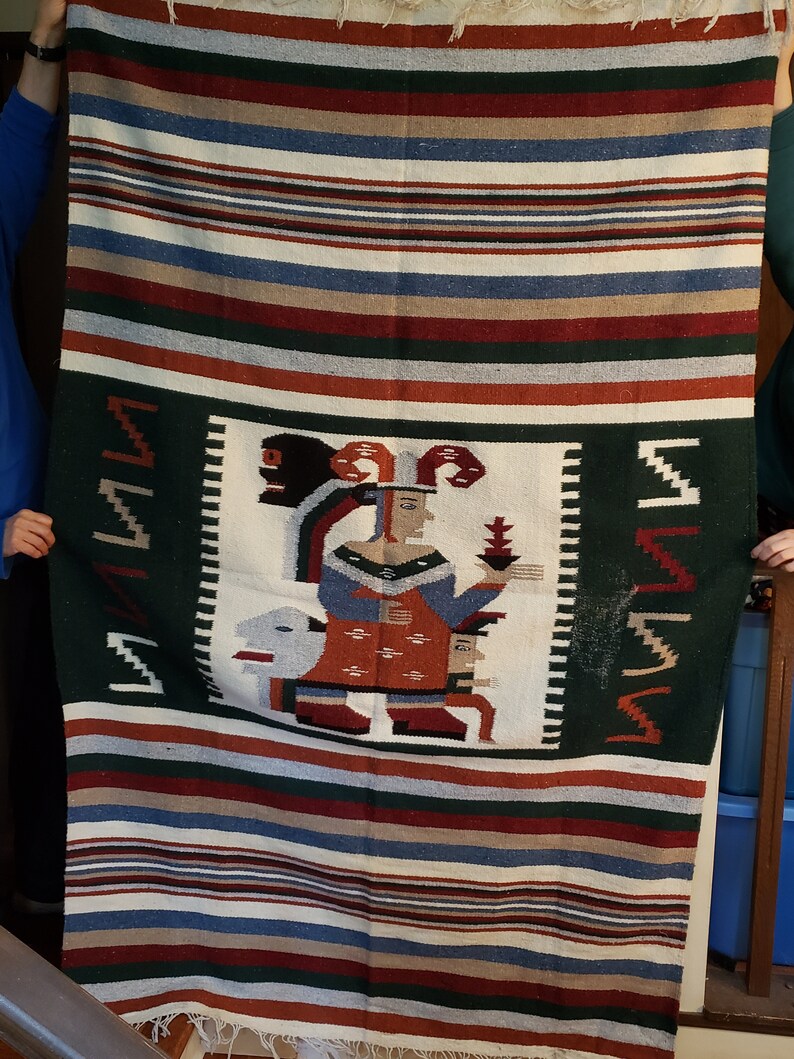 Vintage Mexican Handwoven Blanket Aztec Mayan Design Throw Etsy Canada