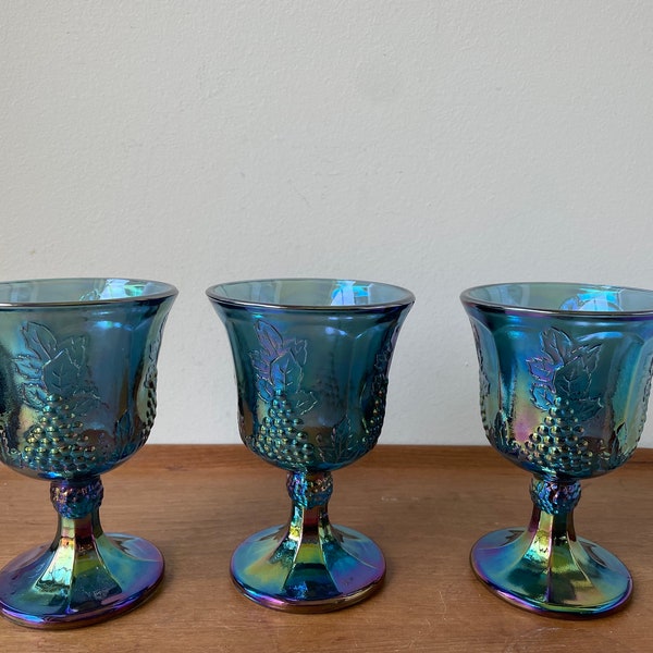 Vintage Carnival Glass Candleholders, Harvest by Indiana Glass, Iridescent Blue Purple